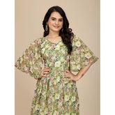 Women's Georgette Printed Round Neck Short Sleeve Dress (Green)